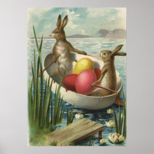 Vintage Osterbrunnen in einem Boot mit Ostereiern Poster