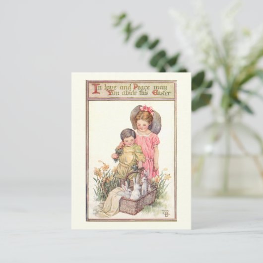 Vintage Osterbrunnen und Friedensbotschaft Postkarte (Stehend Vorderseite)