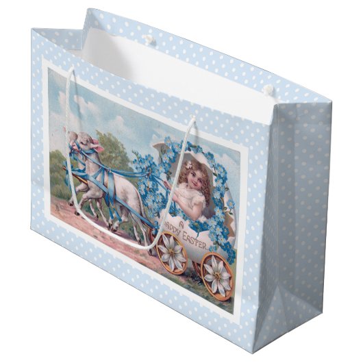 Vintage Osterdarstellung mit Mädchen und Lämmern Große Geschenktüte (Vorderseite Schrägansicht)