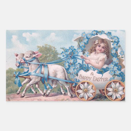 Vintage Osterdarstellung mit Mädchen und Lämmern Rechteckiger Aufkleber (Vorderseite)