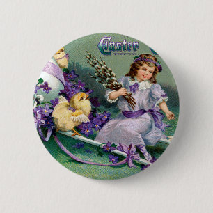 Vintage Ostergruß Girl Ei Kick Carriage Button