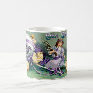 Vintage Ostergruß Girl Ei Kick Carriage Kaffeetasse