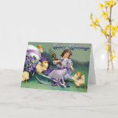 Vintage Ostergruß Girl Ei Kick Carriage Karte (Gelbe Blume)