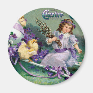 Vintage Ostergrüße Mädchen Ei Küken Karre Magnet