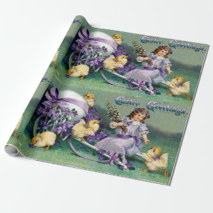Vintage-Ostergrüße Mädchen Ei Küken Kutsche Geschenkpapier