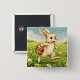 Vintage-Osterhase auf Frühlingswiese Button