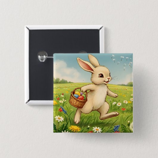 Vintage-Osterhase auf Frühlingswiese Button (Vorne & Hinten)