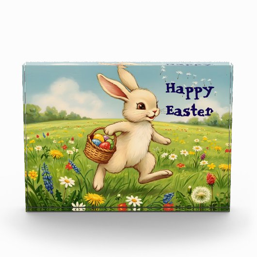 Vintage-Osterhase auf Frühlingswiese  Fotoblock (Vorderseite)