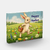 Vintage-Osterhase auf Frühlingswiese  Fotoblock (Links)