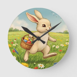 Vintage Osterhase auf Frühlingswiese Runde Wanduhr