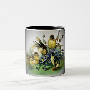 Vintage-Osterhase, Baby-Küken & Blumen, ZSSG Zweifarbige Tasse