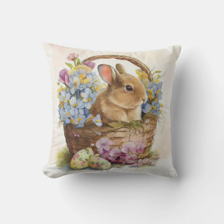 Vintage-Osterhase im Korb mit Blumen Kissen