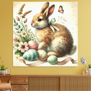 Vintage-Osterhase-Kaninchen-Ei-Aquarell Leinwanddruck