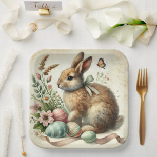 Vintage-Osterhase-Kaninchen-Ei-Aquarell Pappteller