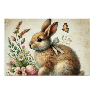 Vintage-Osterhase-Kaninchen-Ei-Aquarell Poster
