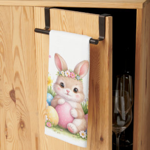 Vintage-Osterhase Kaninchen Rosa Erröten Wasserfar Geschirrtuch