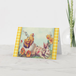 Vintage-Osterhase & Küken in Büffel-Karo-Hol Feiertagskarte