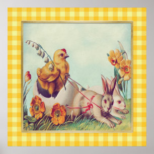 Vintage-Osterhase & Küken in Büffel-Karo Poster