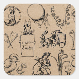 Vintage-Osterhase & Küken Kraft Braun Quadratischer Aufkleber
