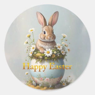 Vintage-Osterhase mit Gänseblümchen Runder Aufkleber