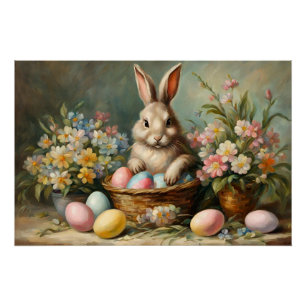 Vintage-Osterhase mit Ostereiern und Blumen Poster