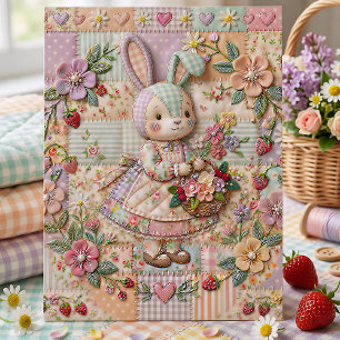 Vintage-Osterhase-Patchwork-Blumen-Erdbeere Feiertagspostkarte