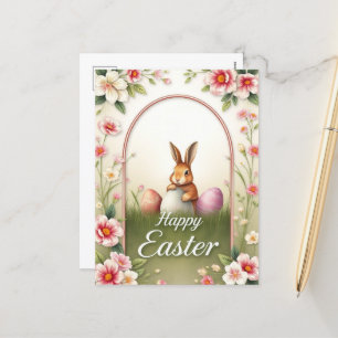 Vintage-Osterhase und Blumenrahmen Klassisches Ost Feiertagspostkarte