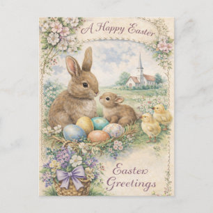Vintage-Osterhase und Küken in Pastell Feiertagspostkarte