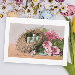 Vintage-Osterhasen-Eier, Nest & rosa Polyanthus Feiertagskarte
