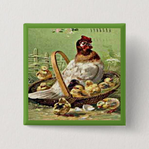 Vintage-Osterhenne und Küken im Korb Button