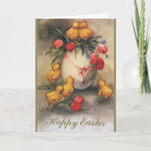 Vintage Osterhühner, Ei mit Red Tulip Blume Feiertagskarte