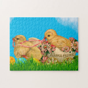 Vintage Osterhühner mit Blauem Himmel und Ostern-E Puzzle