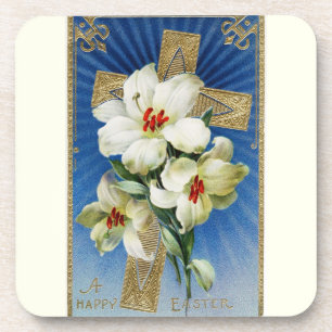 Vintage Osterilien und Goldkreuz Untersetzer