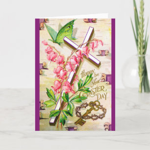 Vintage Osterkarte - Blumenkreuz Karte