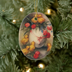 Vintage-Osterküken, Ei mit roten Tulpenblumen Keramikornament