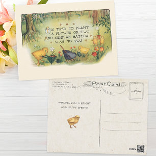 Vintage-Osterküken im Garten mit lustigem Gedicht Postkarte