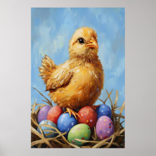 Vintage-Osterküken-Kunstposter, Pastell-Farmhaus Poster