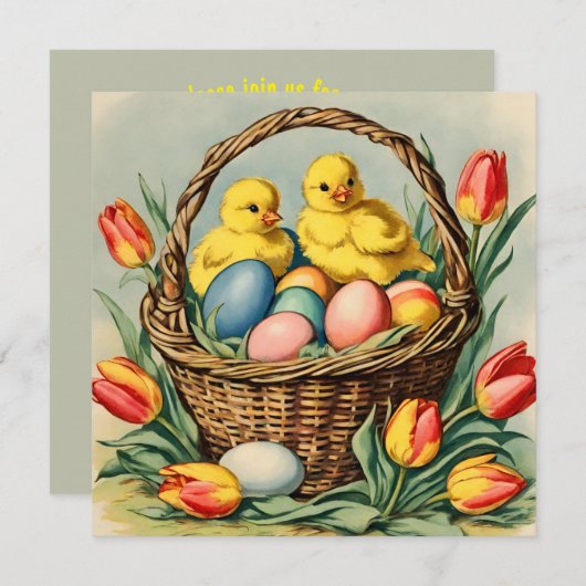 Vintage Osterküken mit Tulpen Einladung (Vorne/Hinten)