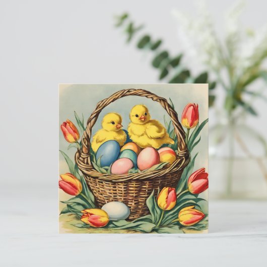 Vintage Osterküken mit Tulpen Einladung (Stehend Vorderseite)