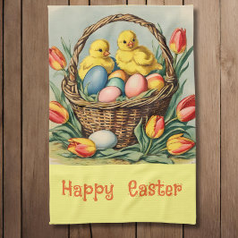 Vintage Osterküken mit Tulpen Geschirrtuch