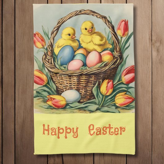 Vintage Osterküken mit Tulpen Geschirrtuch