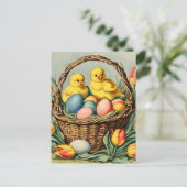 Vintage Osterküken mit Tulpen Postkarte (Stehend Vorderseite)