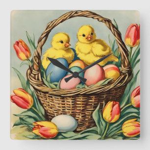 Vintage Osterküken mit Tulpen Quadratische Wanduhr