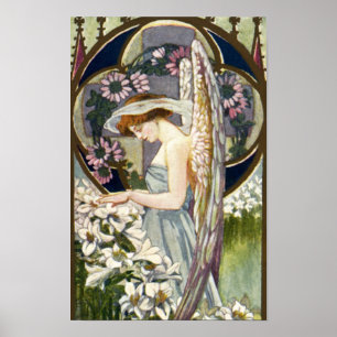 Vintage-Osterlilienblumen und viktorianischer Enge Poster