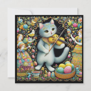Vintage Ostern ~ FROHE OSTERN ~ Katze und Fiedel ~ Feiertagskarte