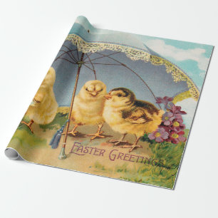 Vintage Ostern Süße Küken unter einem Sonnenschirm Geschenkpapier