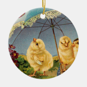 Vintage Ostern Süße Küken unter einem Sonnenschirm Keramik Ornament