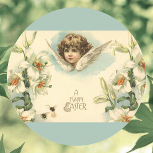 Vintage Ostern, viktorianischer Engel mit Lilienbl Runder Aufkleber