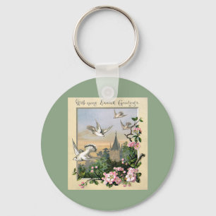Vintage Ostern, weiße Tauben Vögel und Blumen Schlüsselanhänger