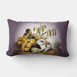 Vintage Ostern Weißes Kaninchen, Küken, Lila, ZSSG Lendenkissen